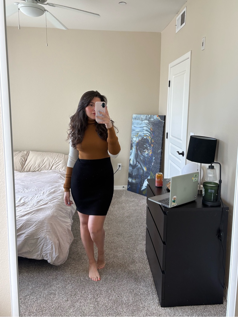Colorblock Turtleneck Knit Dress - Brown, White & Black
